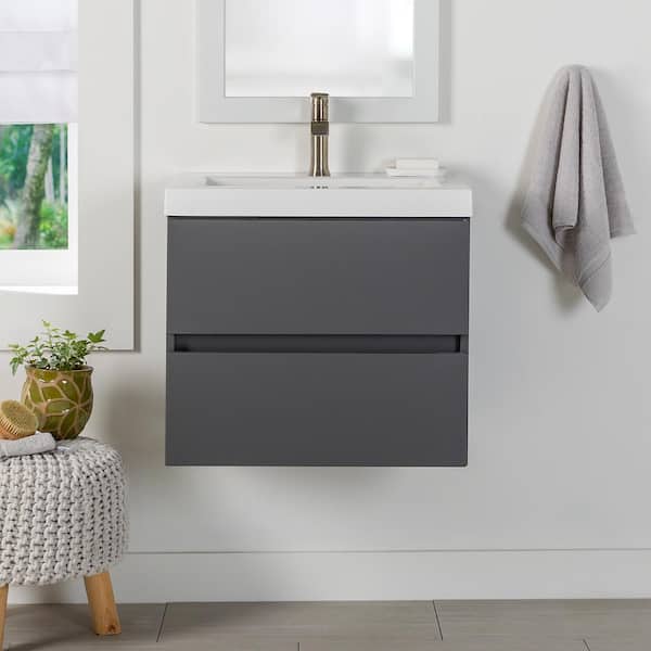 Rawlins 25 in. Single Sink Cement Floating Bath Vanity with White Cultured Marble Top (Assembled)