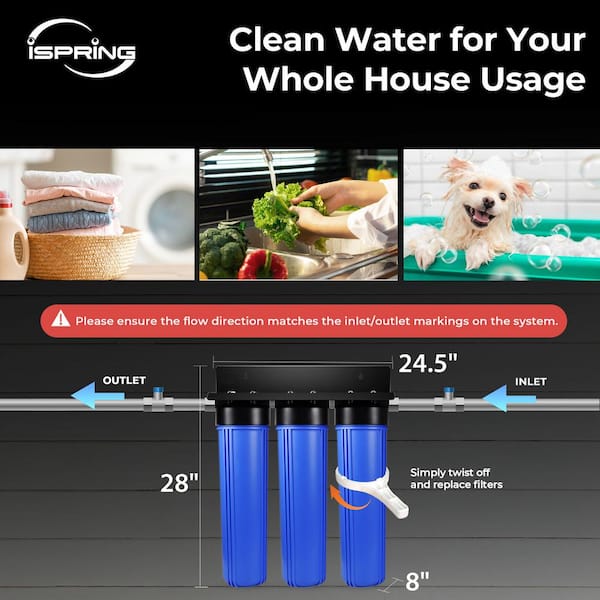 ISPRING 3-Stage Whole House Water Filtration System w/ 3/4 in. Push-Fit  Stainless Steel Hose Connectors and Ball Valve WGB32B+AHX2 - The Home Depot