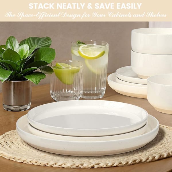 Wudkey 12 Pieces Cream White Ceramic Dinnerware Sets for 4, Plates