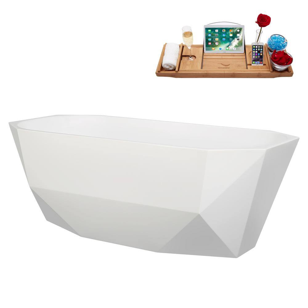 63" Glossy White Acrylic Freestanding Double Slipper Bathtub with Bamboo Tray