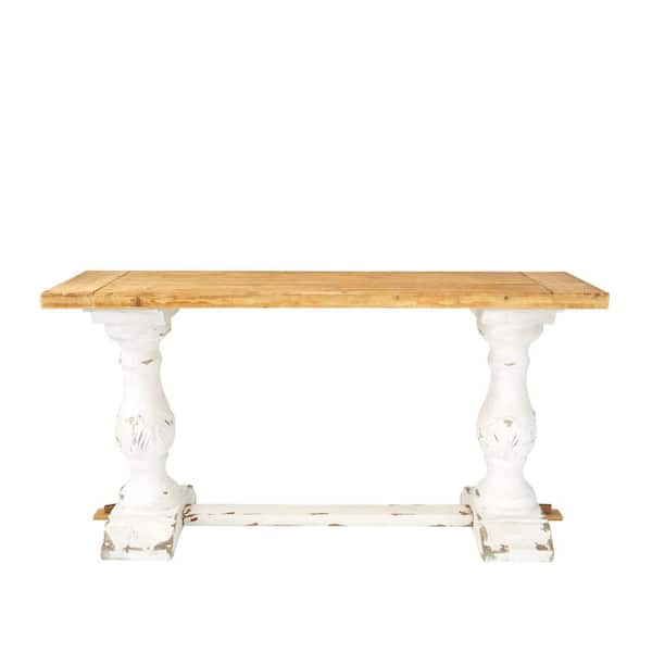 Litton Lane 59 in. White Large Rectangle Wood Distressed Console Table with Brown Wood Top
