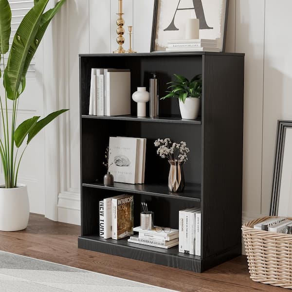 41 in. Tall Black Wood Grain Wood 2-Shelf Open Bookcase with Storage