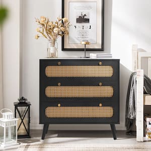 Black Wood 30 in. Storage Cabinet with 3-Shelves and Rattan Drawer