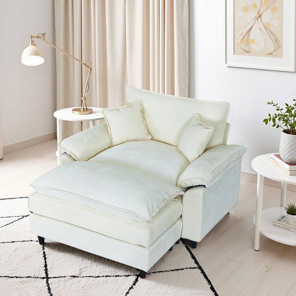 Oversized Beige Chenille Soft Single Sofa Accent Chair with Ottoman and 2-Small Pillows for Bedroom and Living Room