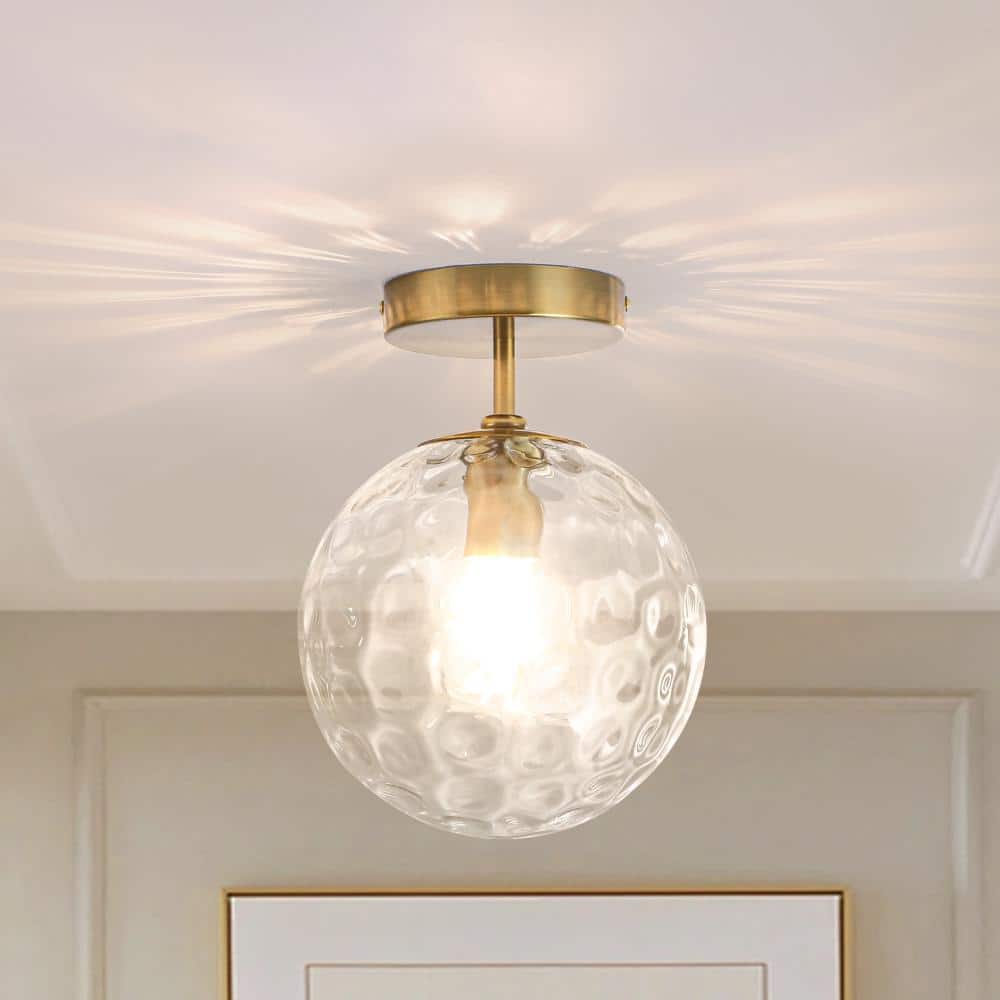 7.9 in. 1-Light Brushed Brass Modern Semi-Flush Mount Ceiling Light with Clear Hammered Glass Globe Shade price history on PriceWatchPro