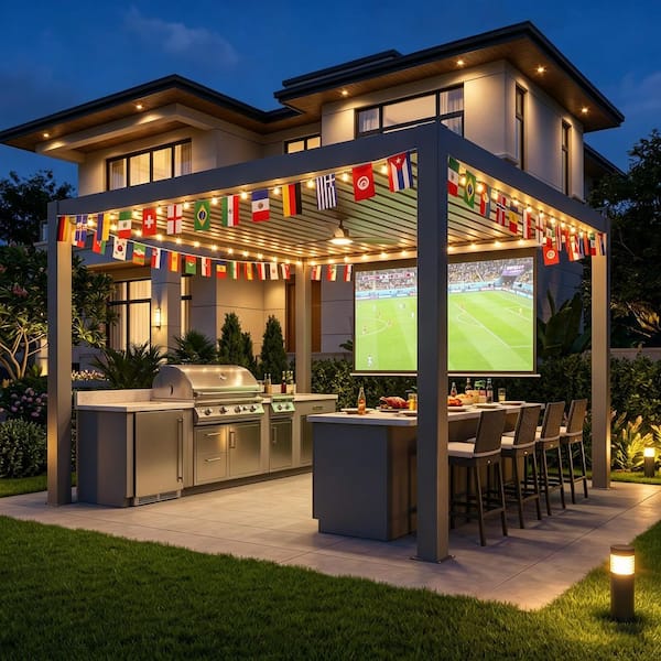 13 ft. x 14 ft. Dark Gray Aluminum Outdoor Solar-Powered Electric Louvered Pergola with Ceiling Fan and LED Lights