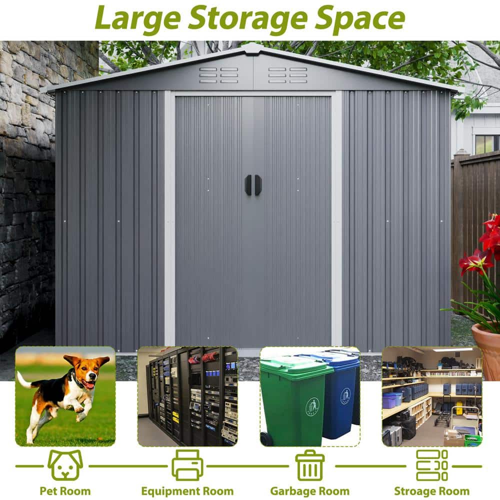 8x6 ft Gray Metal Outdoor Storage Shed with Double Doors