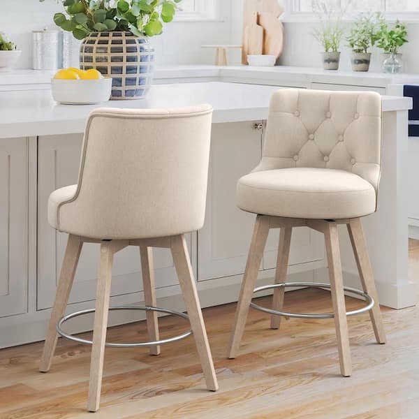 Rowland 26.5 in Seat Height Line Upholstered Fabric Counter Height Solid Wood Leg Swivel Bar stool（Set of 2）
