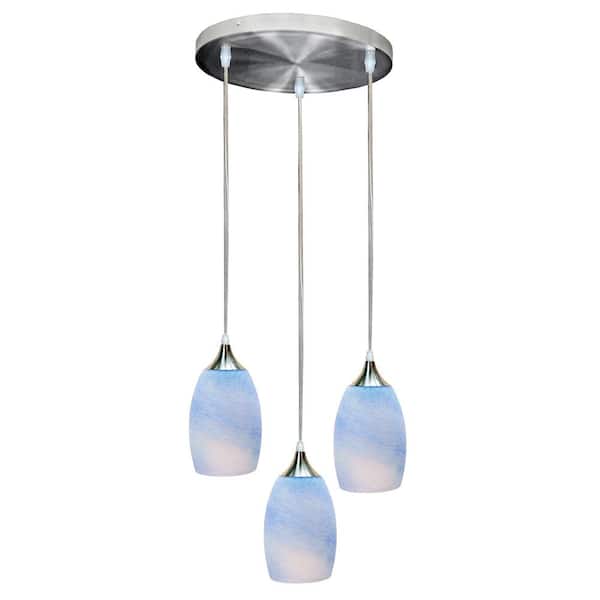 Unbranded 3-Light Oval Nickel Hand Blown Blue Glass Shade Chandelier