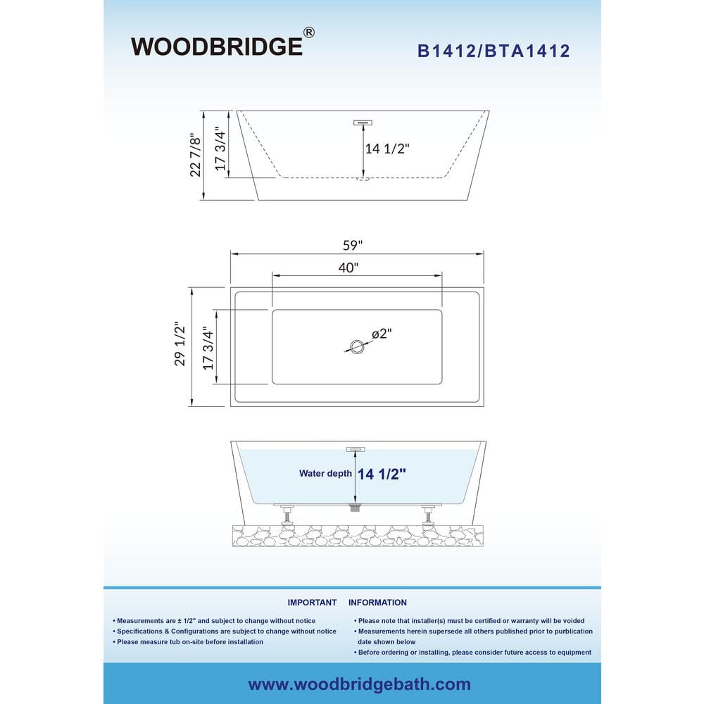 59'' White Acrylic Freestanding Rectangular Bathtub with Brushed Gold Trim