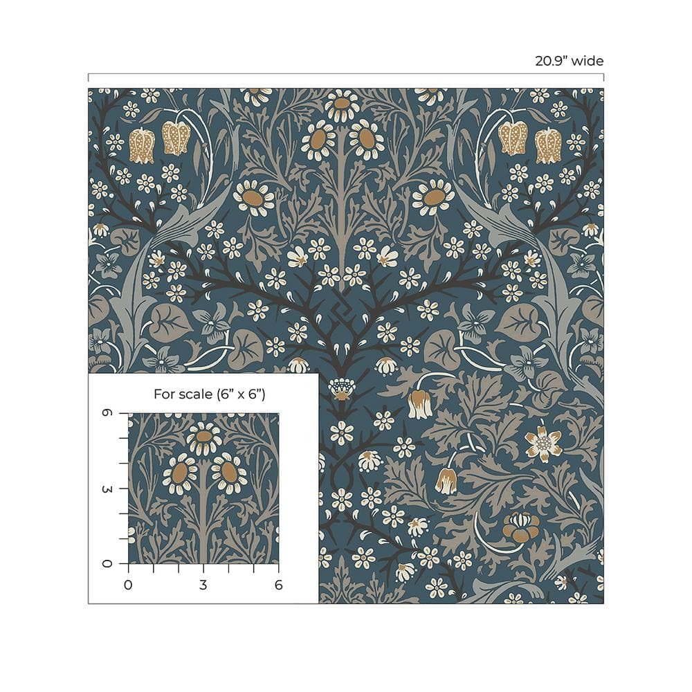 Aegean Blue and Warm Stone Victorian Garden Floral Pre-Pasted Wallpaper