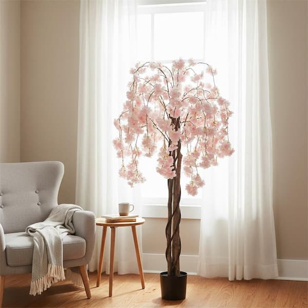 5.5 ft. Tall Artificial Cherry Blossom Tree, Fake Potted Tree Greenery Floral Plant w/ Flowers in Nursery Pot