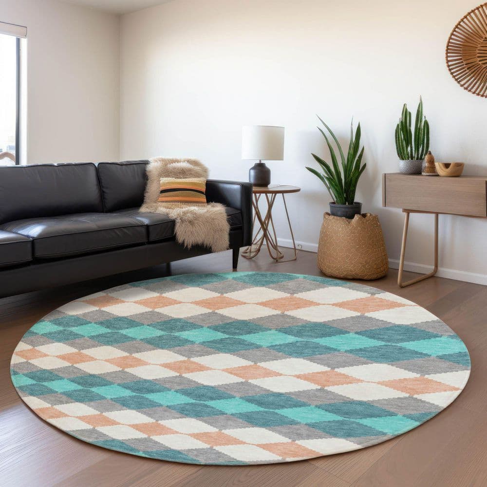 Mayfield Premium Machine Washable Abstract AMF1007 Teal 8 ft. x 8 ft. Round Rug price history on PriceWatchPro