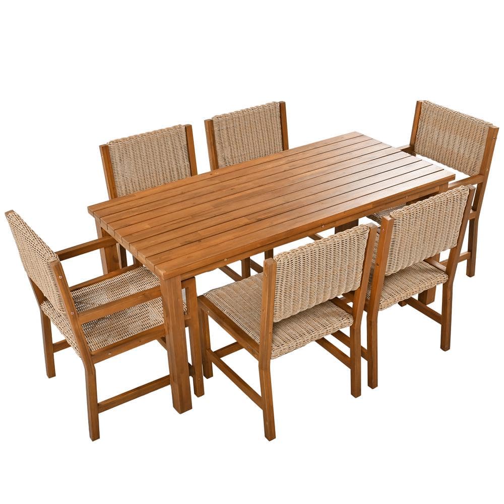 Natural 7-Piece Wood Outdoor Dining Set Rattan Patio Dining Chair with Rect