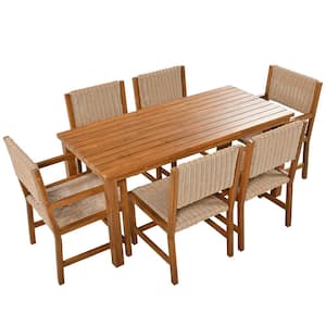 Natural 7-Piece Wood Outdoor Dining Set Rattan Patio Dining Chair with Rectangle Table