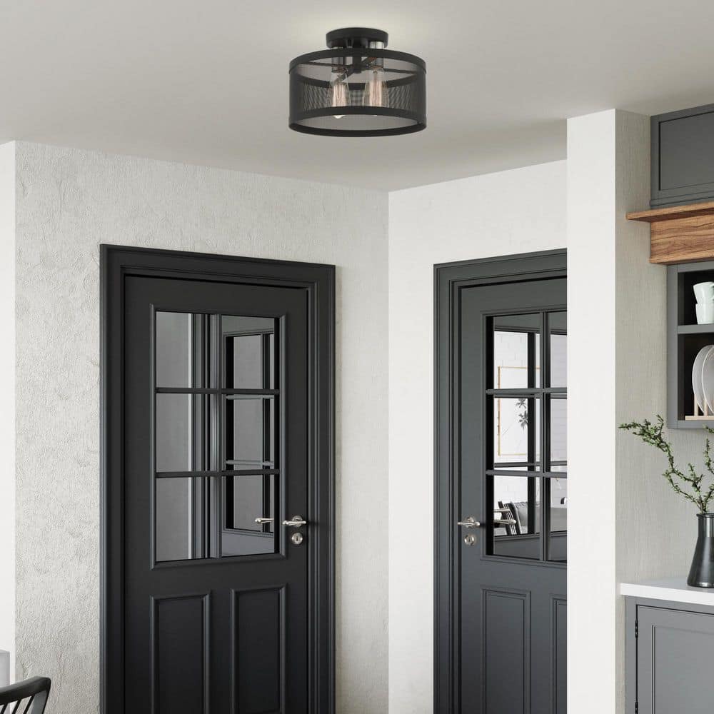Black and Brushed Nickel 2-Light Drum Semi-Flush Mount