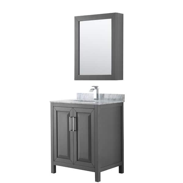 Wyndham Collection Daria 30 in. Single Bathroom Vanity in Dark Gray with Marble Vanity Top in Carrara White and Medicine Cabinet