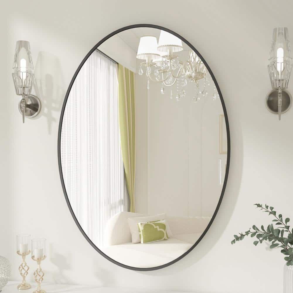 XRAMFY 26 in. W x 38 in. H Rectangular Aluminum Alloy Framed Rounded Black Wall Mirror