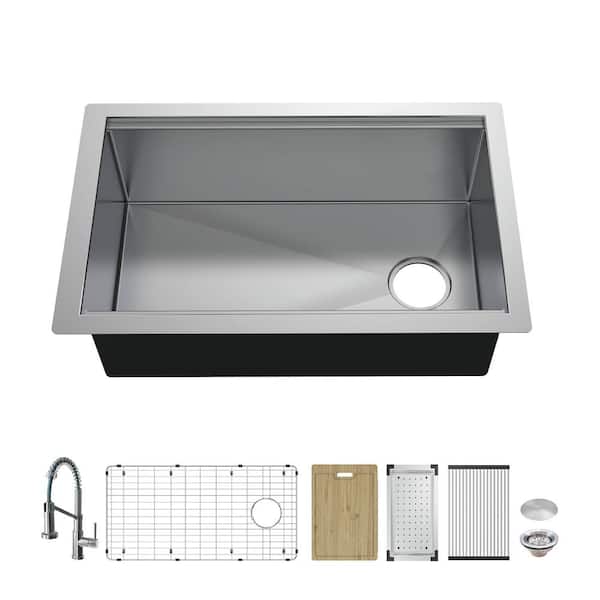 Glacier Bay Professional 32 in. Undermount Single Bowl 16 Gauge Stainless Steel Workstation Kitchen Sink with Spring Neck Faucet