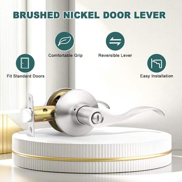 5-Piece Interior Bathroom Privacy Door Levers Included Door Handle in Brushed Nickel, Fit Standard-sized Doors