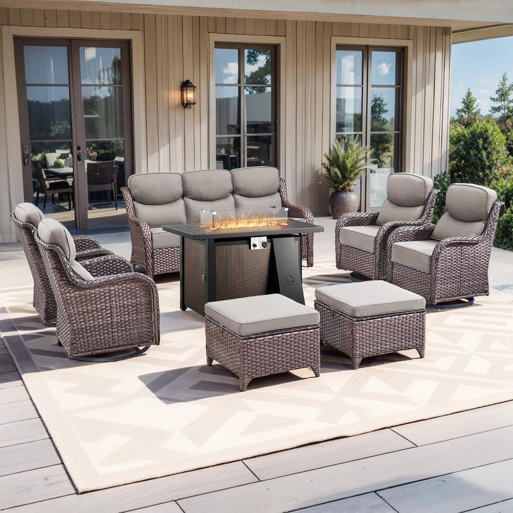 MoonLuxe Brown Wicker Fire Pit Conversation Set with Gray Olefin 6 In. Thick Cushions Patio Swivel Chairs (8-Piece) price history on PriceWatchPro