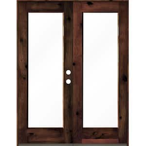 60 in. x 80 in. Rustic Knotty Alder Wood Clear Full-Lite red mahogony Stain Left Active Double Prehung Front Door
