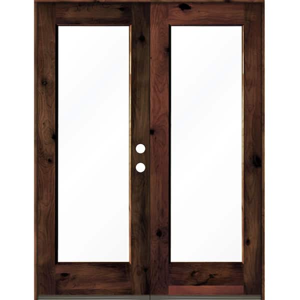 64 in. x 80 in. Rustic Knotty Alder Wood Clear Full-Lite red mahogony Stain Left Active Double Prehung Front Door