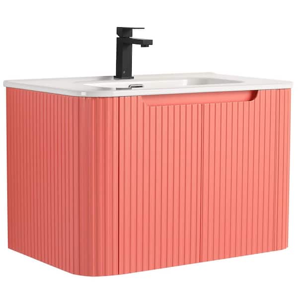 Caskvalley 30 in. Floating Bath Vanity in Coral Pink with White Ceramic Sink Top Assembled