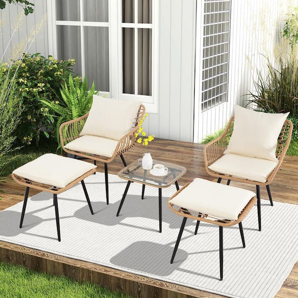 Beige 5-Piece Wicker Outdoor Bistro Set with Washed Beige Cushion