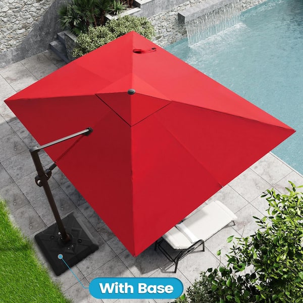 Crestlive Products 9 ft. x 11 ft. Cantilever Solar Patio Umbrella in Red with 220 lbs. Base Stand