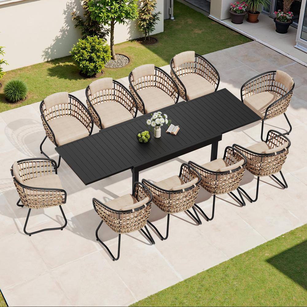 11-Piece Metal 106.2 in. Outdoor Dining Set with Rattan Chairs and Beige Cushions price history on PriceWatchPro