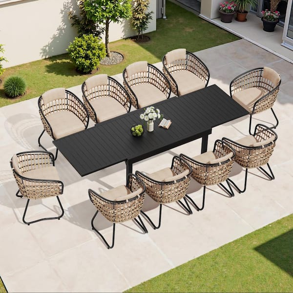 Crestlive Products 11-Piece Metal 106.2 in. Outdoor Dining Set with Rattan Chairs and Beige Cushions