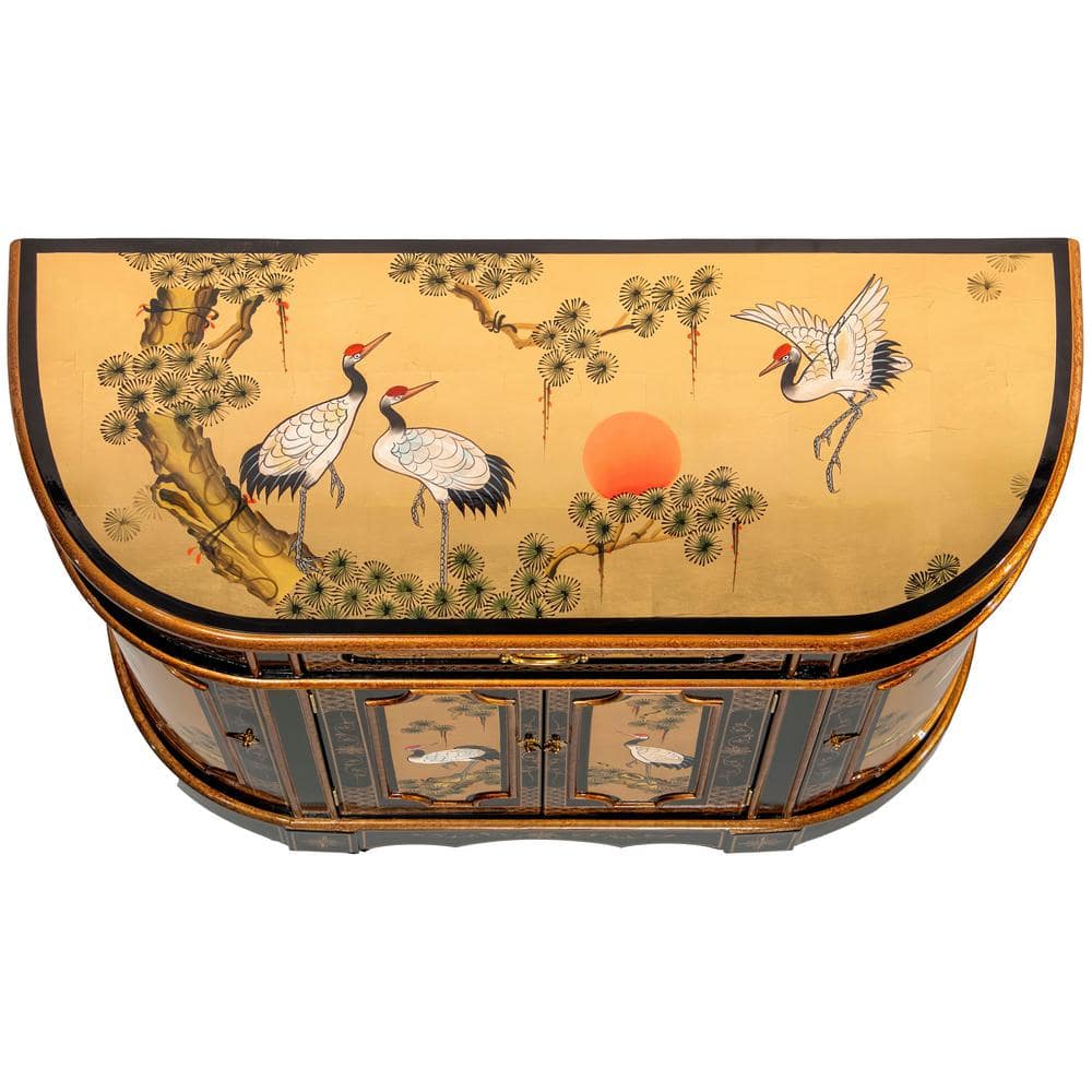 Gold Lacquer Hand-Painted Cranes Solid Wood Accent Cabinet