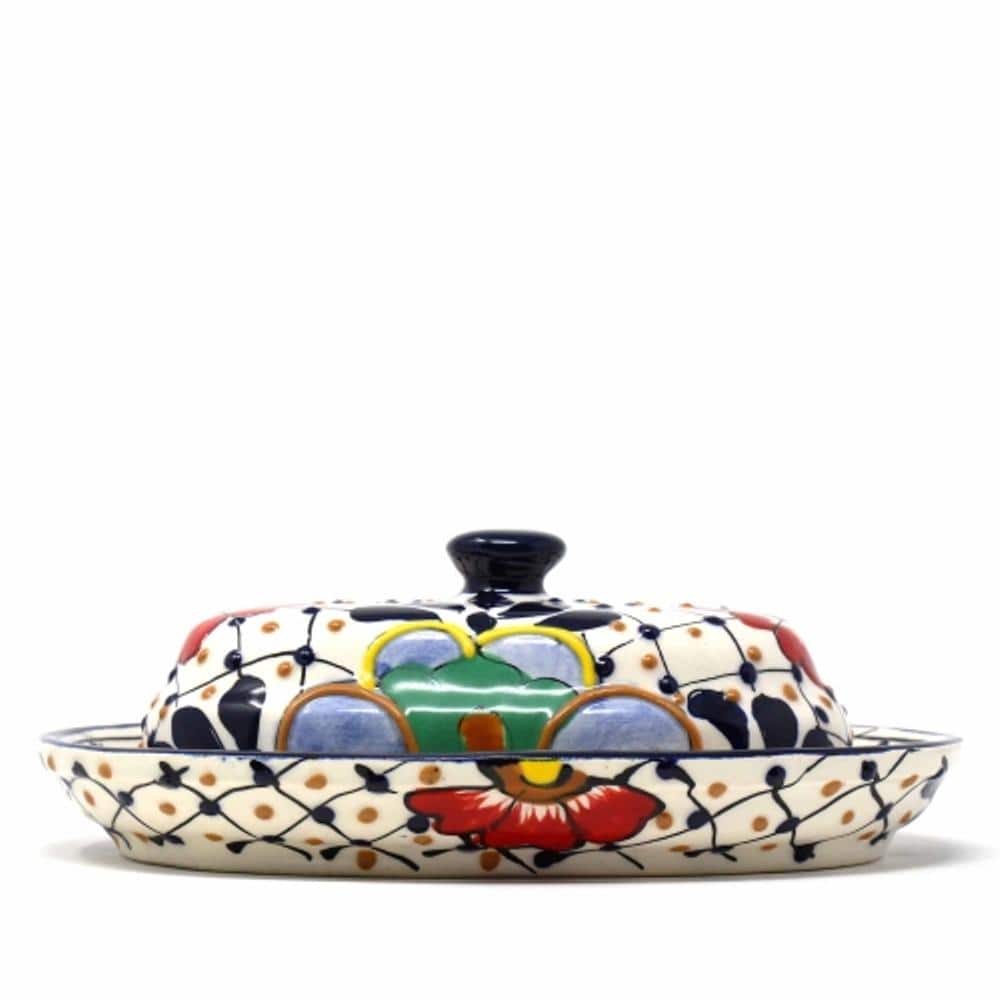 Handmade Mexican Floral Ceramic Butter Dish, 10-inch