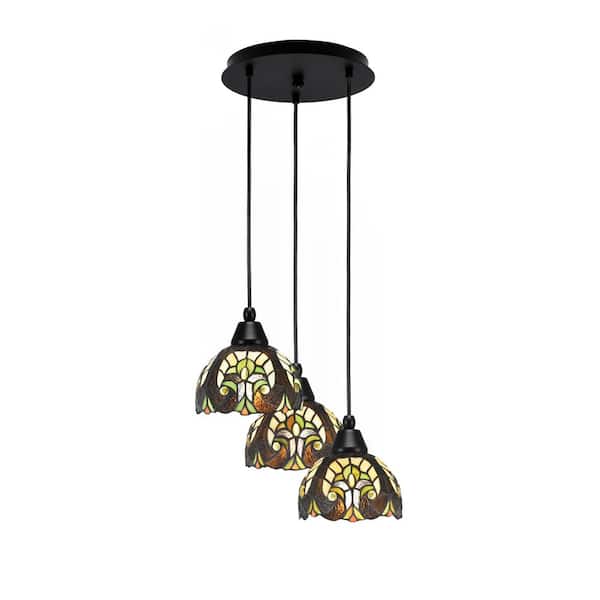 Unbranded Savannah 8 in. 3-Light Matte Black Cord Pendant Light Ivory Cypress Art Glass Shade