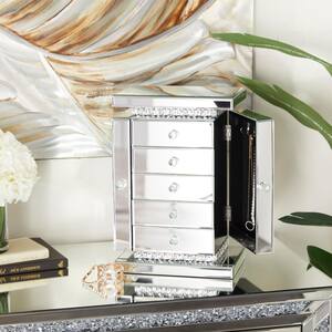 Silver Wood Mirrored 5 Drawers Jewelry Box with Crystal Embellishments