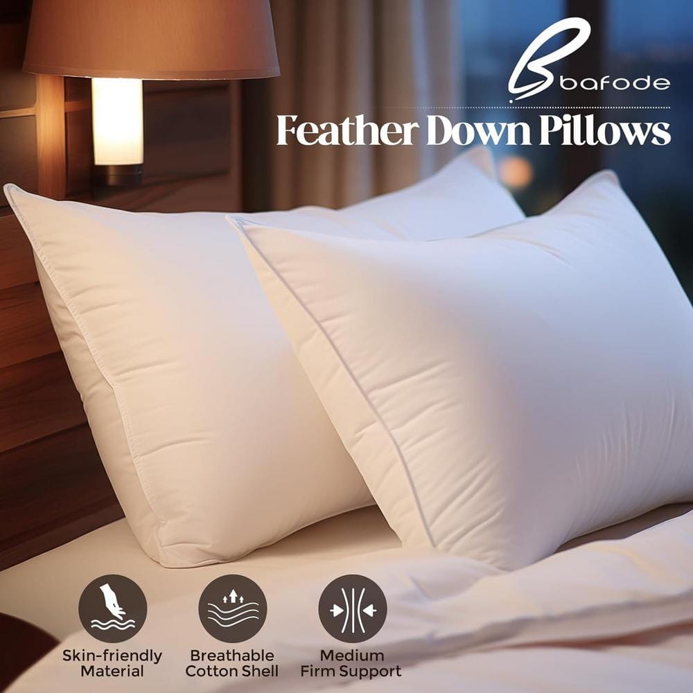 Bafode 100 Cotton Medium Firm Goose Down Feather Queen Pillows Set of 2 Bedding Pillow for Back Stomach or Side Sleepers