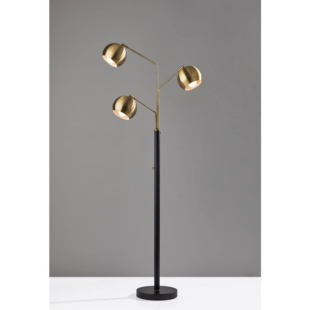 Mid-Century Modern Adjustable 3-Head Floor Lamp in Black and Antique Brass