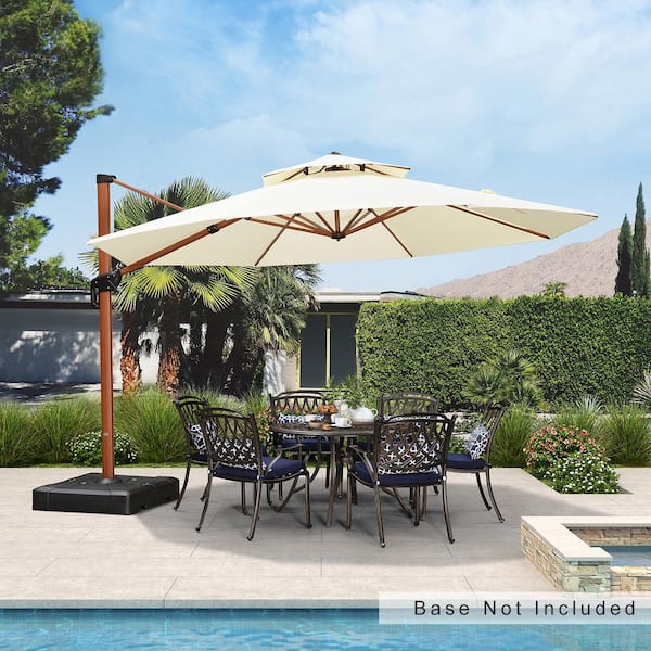 13 ft. Octagon All-aluminum 360° Rotation Wood pattern Cantilever Offset Outdoor Patio Umbrella in Cream