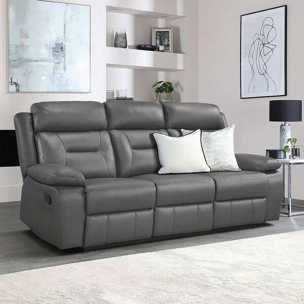 Emillia 87 in. W Pillow Top Arm Leather Rectangle Manual Double Reclining Sofa in. Dark Gray