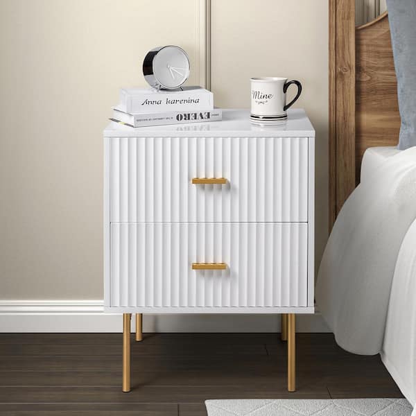 JAYDEN CREATION Hugh White Contemporary Classic 2-Drawer Nightstand with Metal Legs and Charging Station