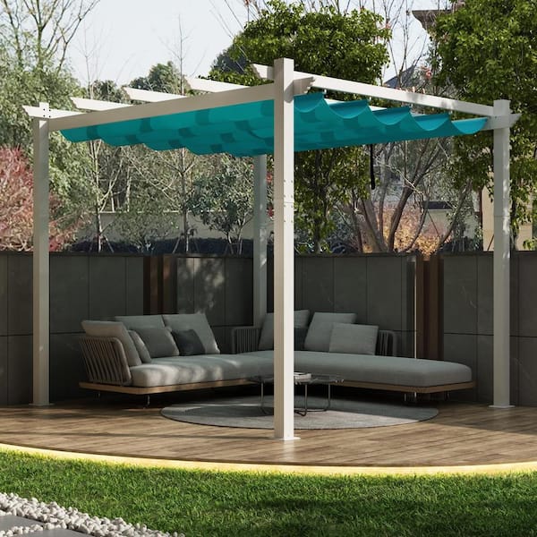 10 ft. x 10 ft. White Aluminum Frame Outdoor Patio Pergola Gazebo with Blue Retractable Sun Shade Canopy for Garden