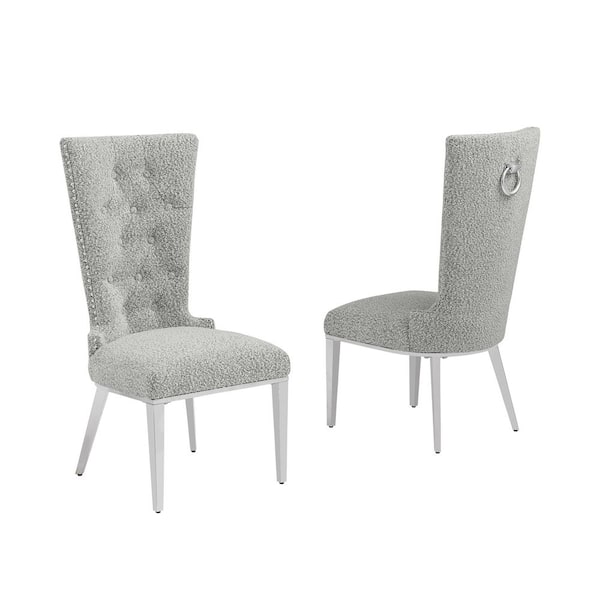 Shirley Rich Grey Boucle Fabric Side Chair Set of 2 with Stainless Steel Legs
