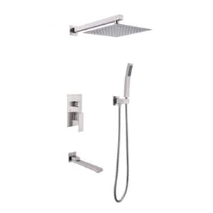 10 in. Single Handle 2-Spray Wall Mount Shower Faucet 2.5 GPM with Square Head and Handheld Shower in Brushed Nickel