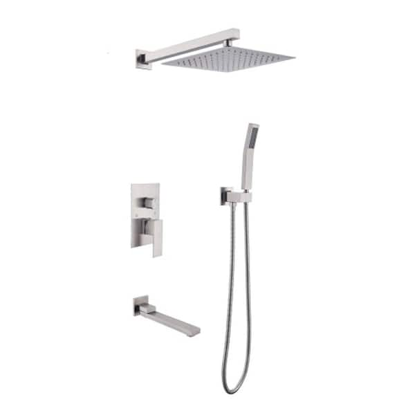 Lukvuzo 10 in. Single Handle 2-Spray Wall Mount Shower Faucet 2.5 GPM with Square Head and Handheld Shower in Brushed Nickel