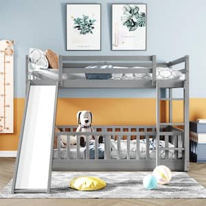 Gray Twin Over Twin Low Bunk Bed with Slide, Kids Floor Bunk Bed with Ladder and Guardrail, Wood Bunk Bed Frame