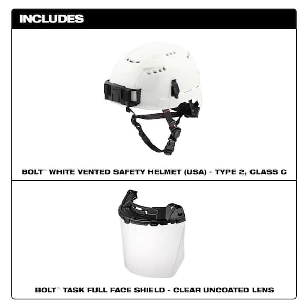 BOLT White Type 2 Class C Vented Safety Helmet W/ BOLT Clear Uncoated Lens Task Full Face Shield