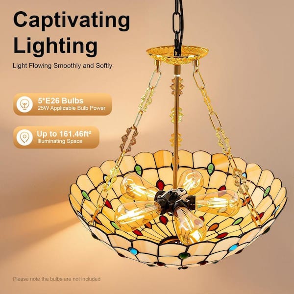 OUKANING 20.5 in. 5-Light Retro Stained Glass Shade Semi-Flush