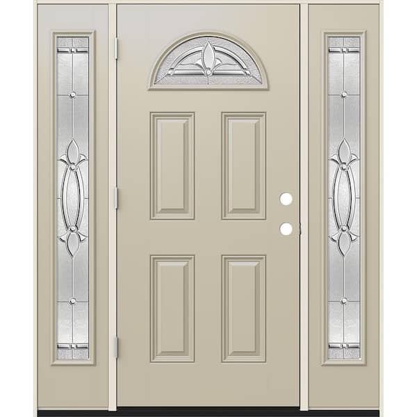 60 in. x 80 in. Right-Hand Fan Lite Decorative Glass Blakely Desert Sand Fiberglass Prehung Front Door W/Sidelites