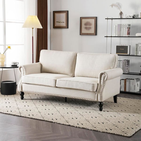 67.72 in Wide Rolled Arm Linen Bleachers Mid-Century Modern Straight Rectangle Sofa in. Beige